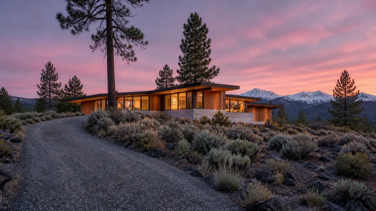 The Tumalo Overlook at dusk, seen from the gravel drive