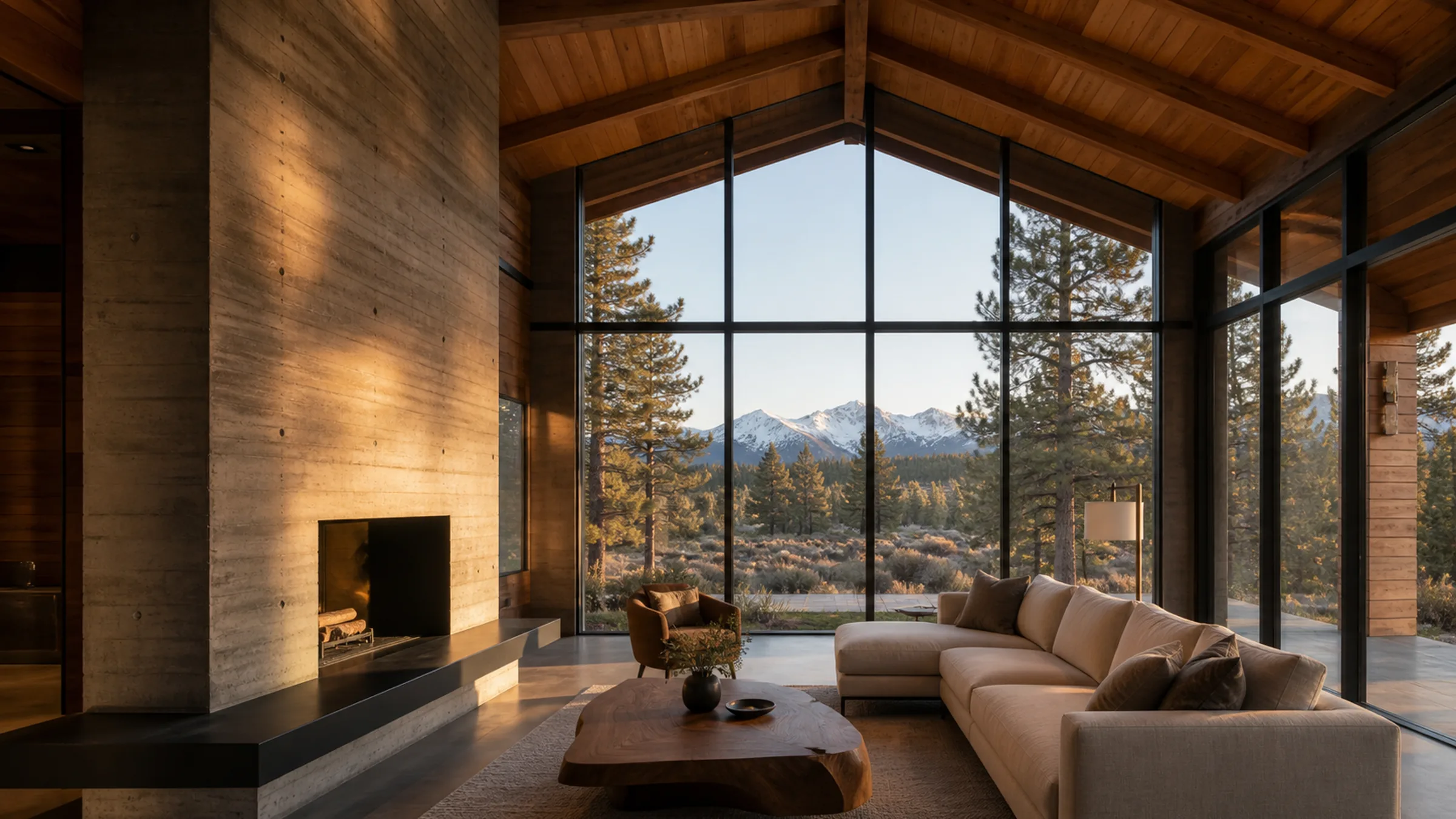 The great room at the Tumalo Overlook, vaulted cedar ceiling above a wall of glass