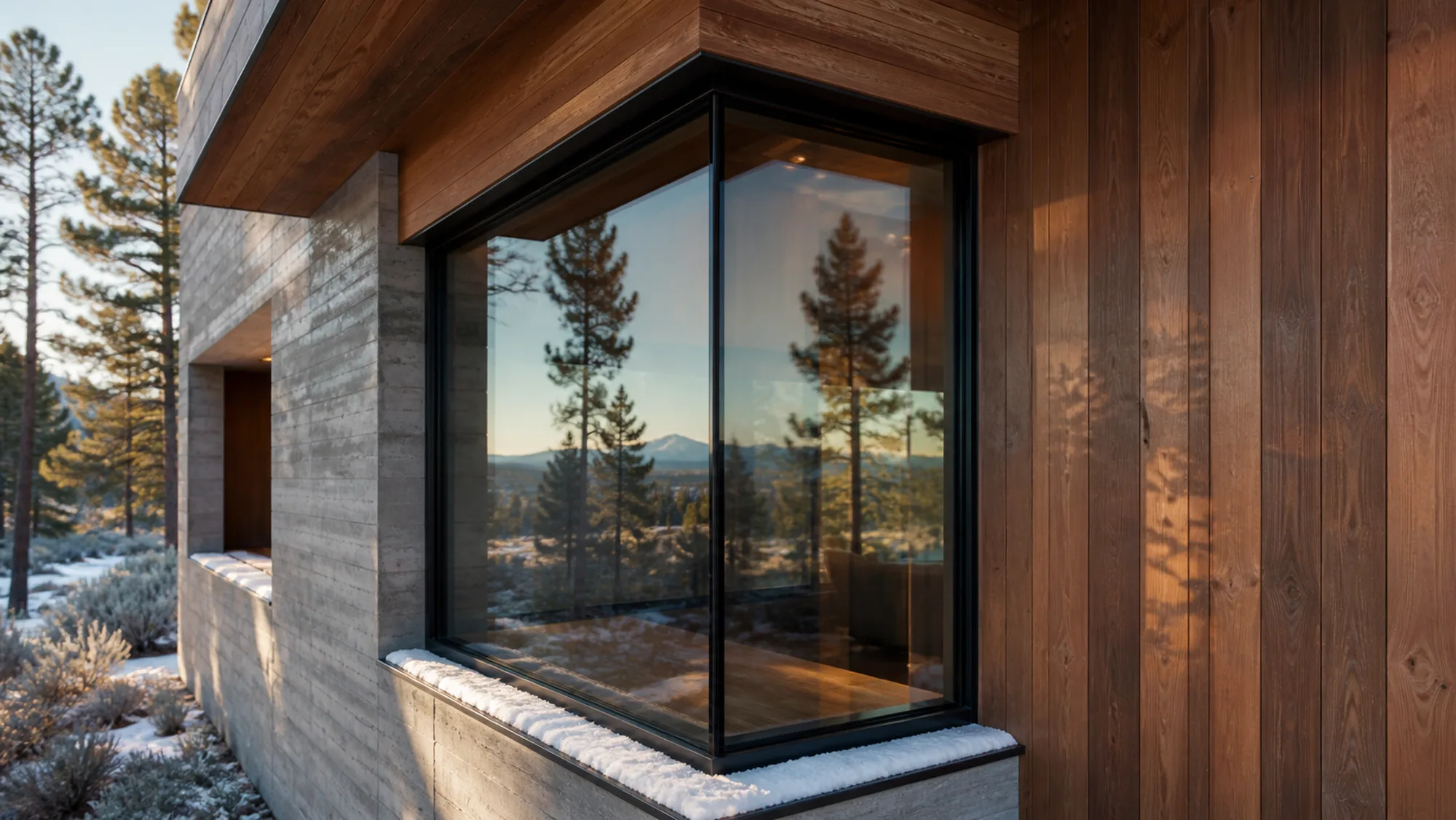 A corner window set between concrete and cedar, snow on the ground outside