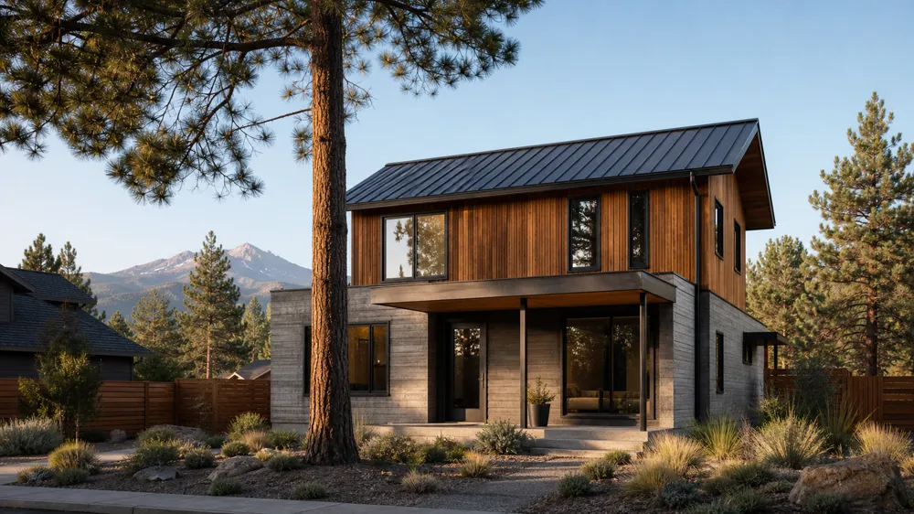 A two-storey cedar and concrete house on a neighbourhood lot in NW Crossing
