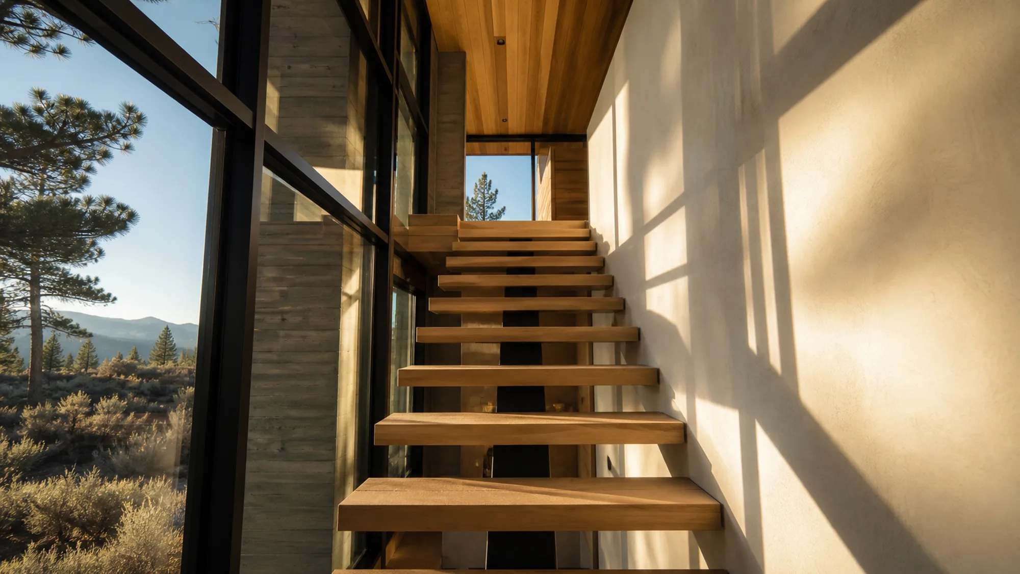 A floating timber stair against a plaster wall, lit by a full-height window
