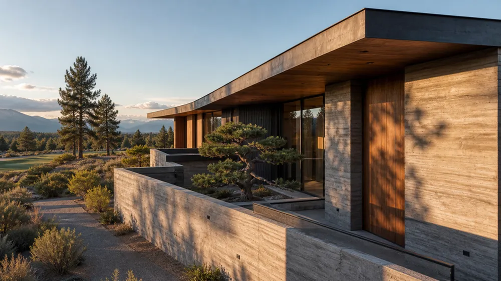 A long, low courtyard house at Tetherow in evening light