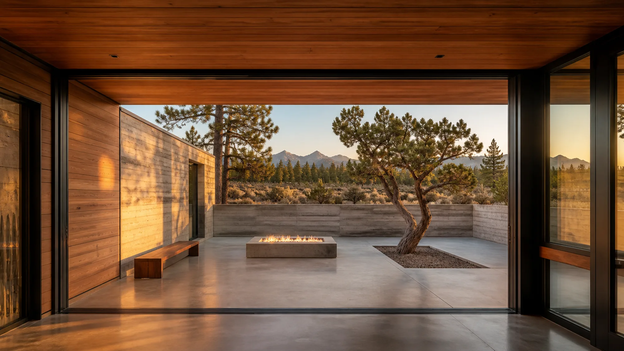 An enclosed courtyard with a fire table and a sculptural pine, open to the mountains