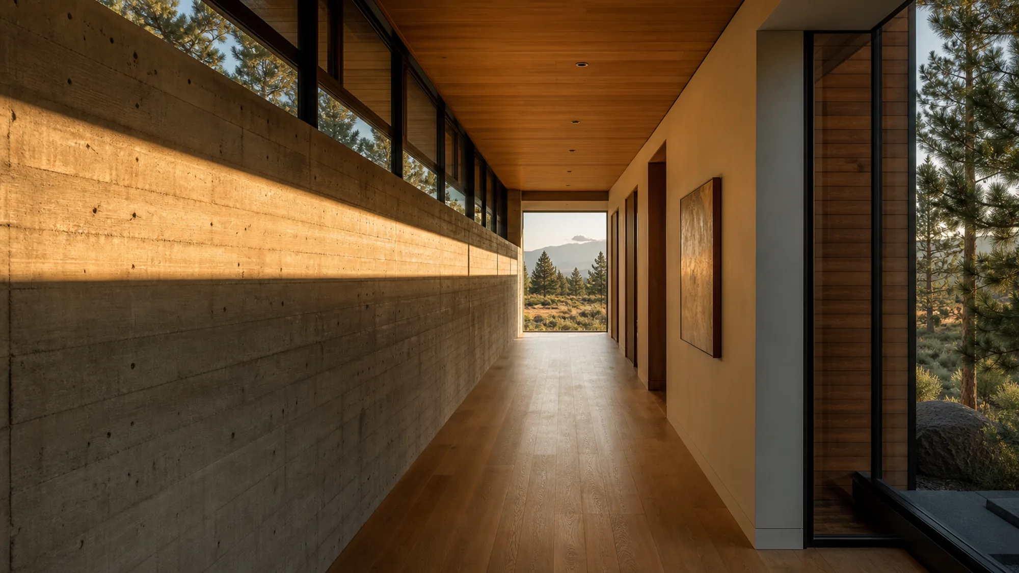 A long gallery hall with a board-formed concrete wall and clerestory light above